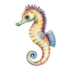 Hand-painted watercolor illustration of a colorful seahorse with intricate details and vibrant hues
