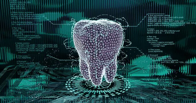 3D animation is a futuristic digital tooth concept with neon lighting and a Sci-fi digital grid design. Concept analysis of the content of the tooth problem, caries, dentine lesion, hole