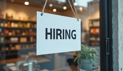 A "Hiring" sign suspended in a shop window, signaling available positions and exciting employment prospects.