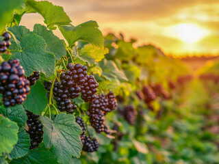 Rows of vibrant blackcurrant bushes stretch into the distance, adorned with clusters of ripe berries enveloped by lush green leaves as the warm hues of sunset create a breathtaking backdrop