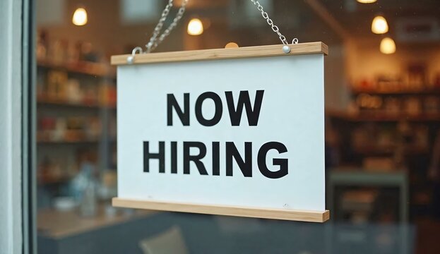 A "Now Hiring" sign displayed in a storefront window, promoting job openings available inside.