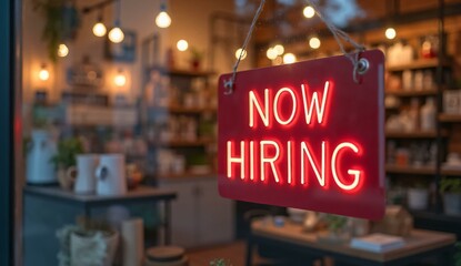 A red "Now Hiring" sign shines brightly in a shop window, complemented by a warm and inviting interior.