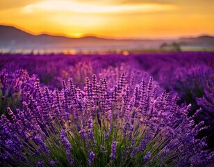 Naklejka premium Lavender flowers - Sunset over a summer purple lavender field . Bunch of scented flowers 