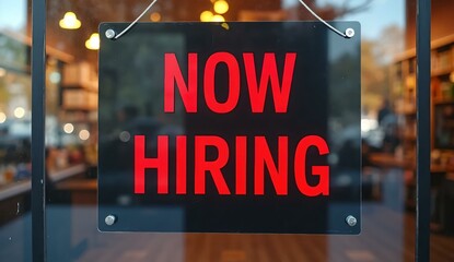 A "Now Hiring" sign showcased in a business window, highlighting immediate job openings for prospective candidates.