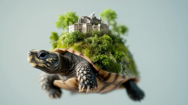 Floating turtle with a miniature city and greenery on its shell in an artistic digital creation