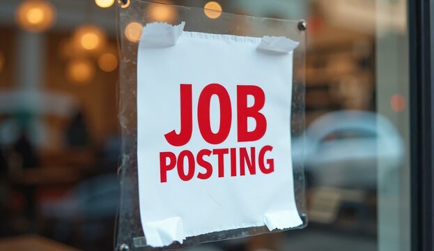 A "Now Hiring" sign placed on a cafe window, promoting available job opportunities within. - Powered by Adobe