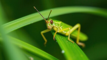 Close-Up of a Green Grasshopper on Leaf
