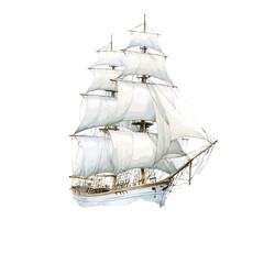 Watercolor painting depicts a vintage sailing ship with white sails afloat.