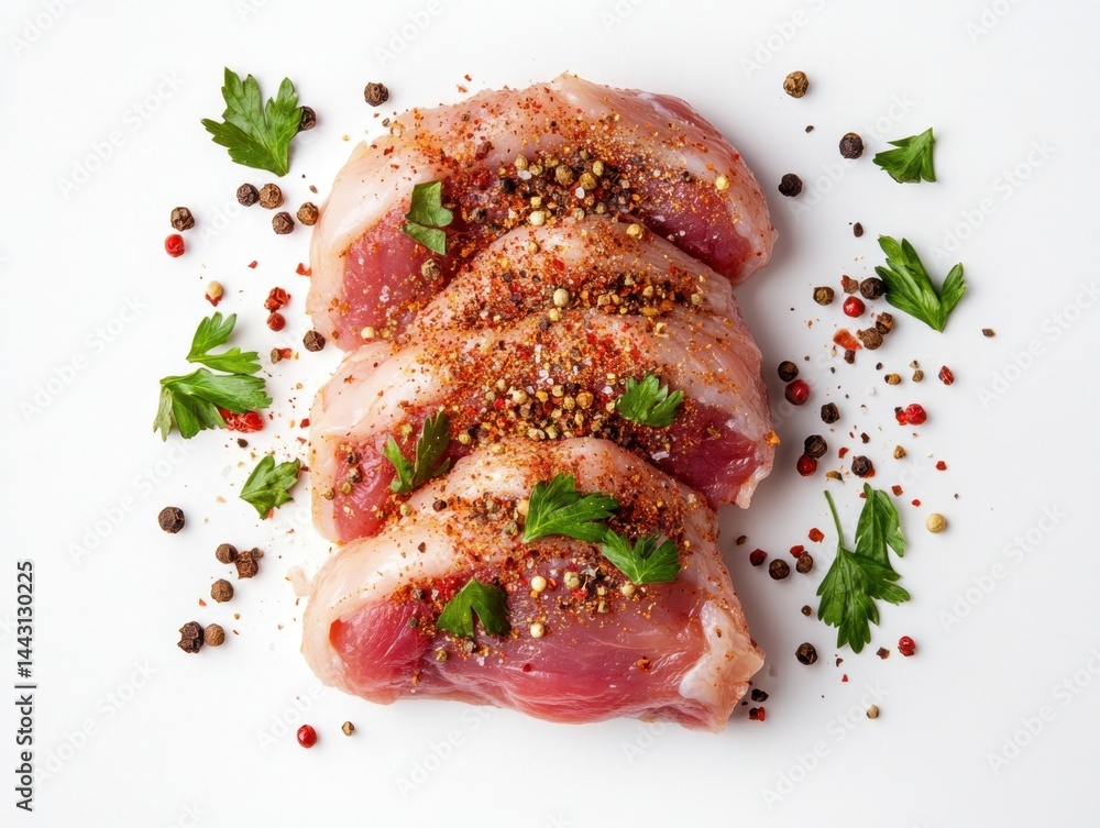 Poster raw pork loin slices adorned with fresh parsley and colorful peppercorns on a pristine white backgro