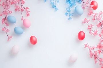 Obraz premium Pastel easter eggs with delicate floral branches on white background creating a serene spring atmosphere showcasing colorful eggs and gentle floral accents