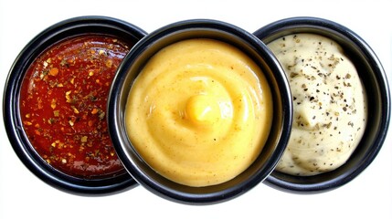 Trio of Flavorful Sauces in Black Bowls on White Backdrop Delicious Condiments for Culinary Creations Diverse Dips for Food Photography Studio Shot