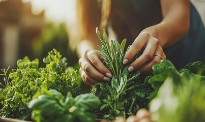 Hands tending fresh herbs in a lush garden setting suggesting growth and wellness