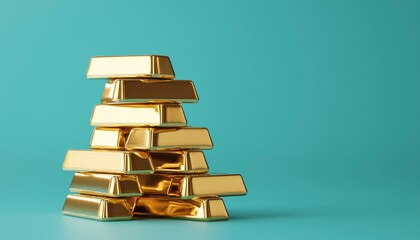 Gold bars stacked on teal background