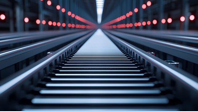 Symmetrical view of modern train tracks in a tunnel with bright, red lights and a futuristic atmosphere.
