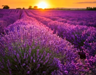 Obraz premium Lavender flowers - Sunset over a summer purple lavender field . Bunch of scented flowers 