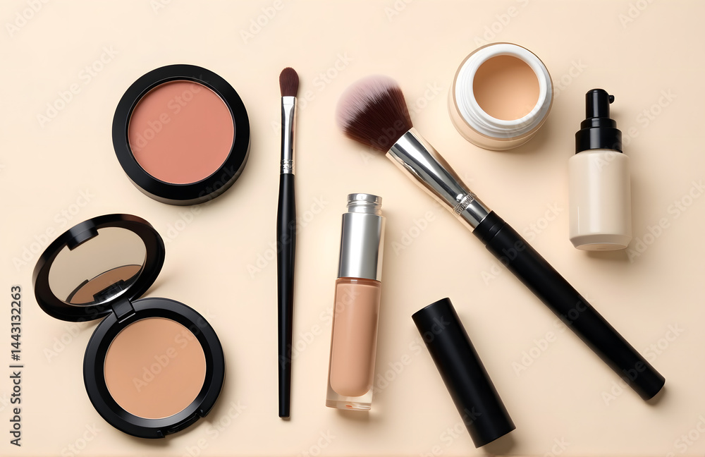 Poster makeup items are neatly organized on a light beige background with an air of refined simplicity surr