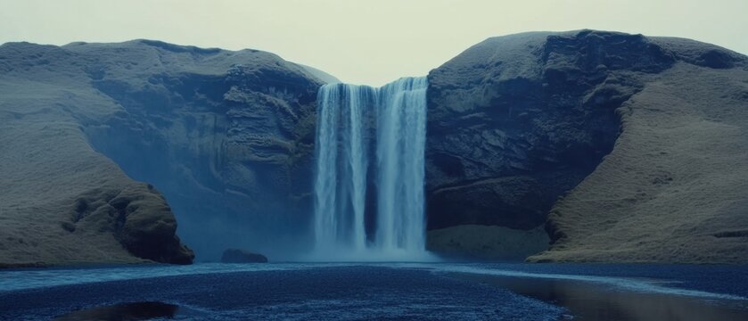 Majestic waterfall cascading down rugged cliffs in a serene landscape creating a tranquil and breathtaking scene with mossy rocks and a misty atmosphere in Iceland