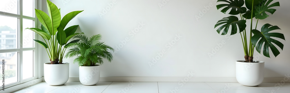 Poster lush greenery is displayed in modern pots within a bright, airy space with minimalist design element