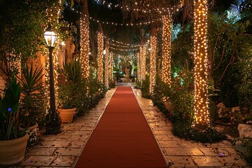 Fototapeta premium Illuminated pathway with red carpet