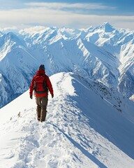 Adventurous hiker trekking through snowy mountain ridge with backpack winter landscape exploration scenic view cold weather outdoor activity travel destination