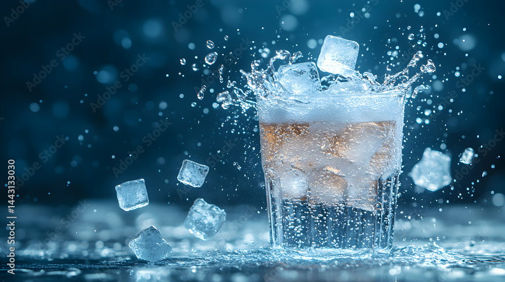 Poster refreshing drink with ice cubes splashing into a glass, creating a dynamic and visually appealing im