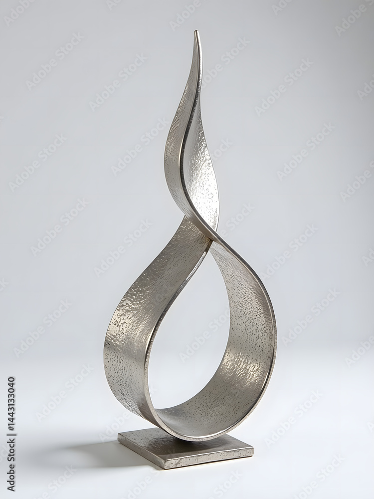 Poster Minimalist metal sculpture with a textured silver helix design features clean lines and subtle curves for decorative purposes._00001_