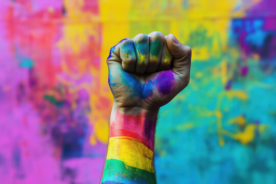 Man raises rainbow fist symbolizing pride and support for LGBTQIA rights during Pride Month celebration