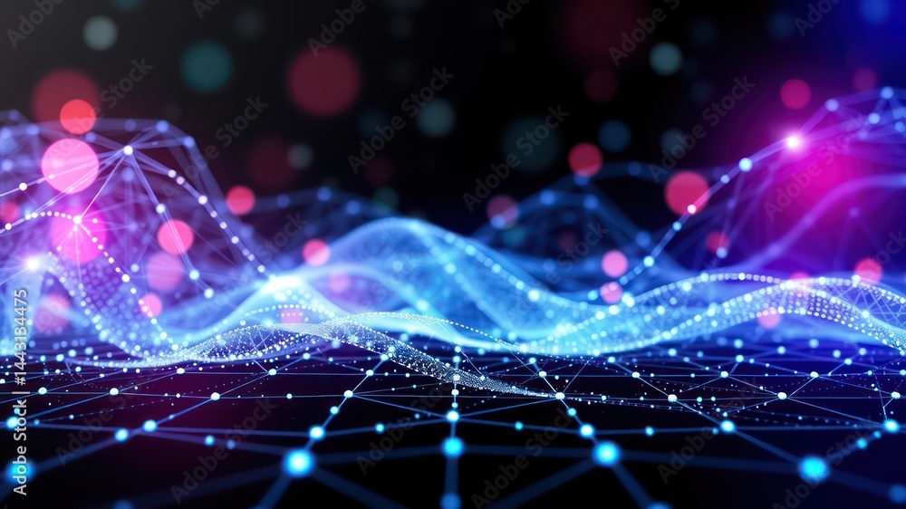 Poster abstract digital network landscape with illuminated nodes and connections