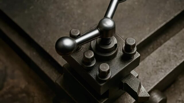 Metal lathe tool post with handle and bolts in industrial metal workshop for precise machining and shaping machine components