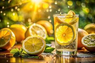 Sparkling Lemon Water Macro Photography: Vibrant Yellow Tones, Sunlit Refreshment