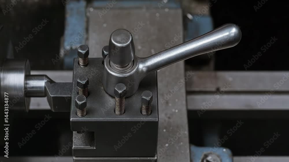 Aufkleber hand operating metal lathe tool post and adjusting lever in industrial workshop for precision metalw