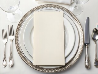 Restaurant Menu Mockup. Elegant table setting with silver utensils and a blank menu card on fine china.