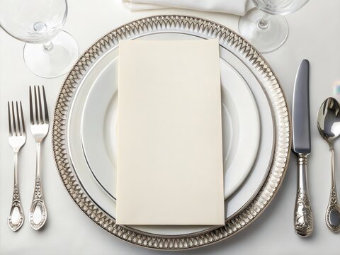 Restaurant Menu Mockup. Elegant table setting with silver utensils and a blank menu card on fine china.