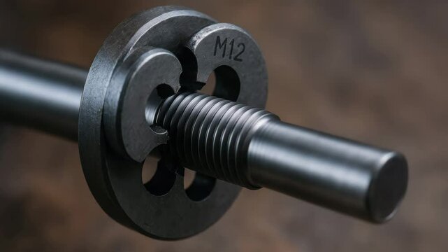 Threading tool and die in lathe shop cutting precise external thread on steel rod for metal machining and shaping in mechanical workshop