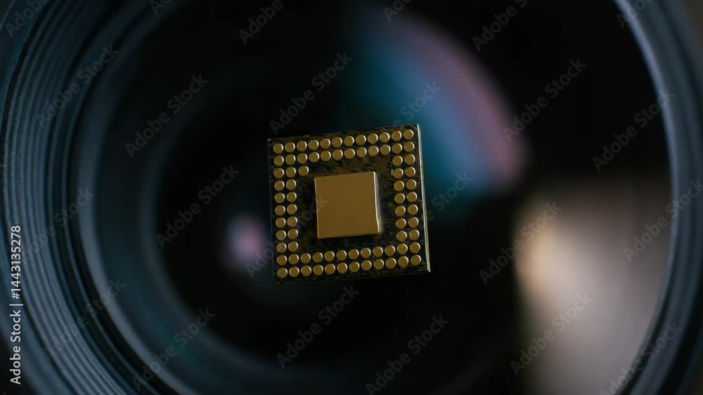 Poster close up of electronic microchip held by lathe tool in hardware shop environment highlighting techno