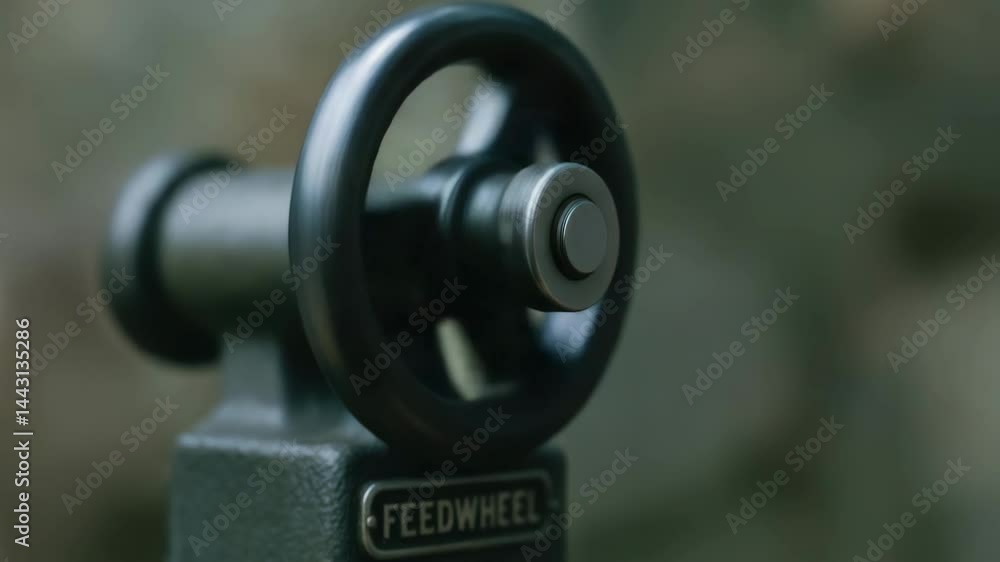 Aufkleber hand adjusting feedwheel on lathe in metal shop with precise tool and machinery control for craftsma