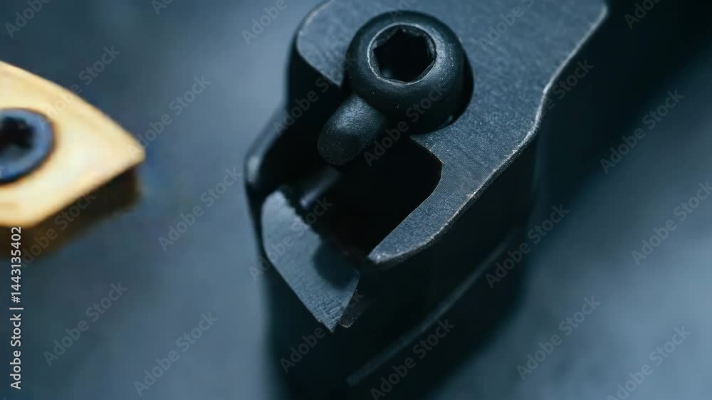 Poster close up of hand holding lathe tool insert metalworking shop focusing precision craftsmanship and ma