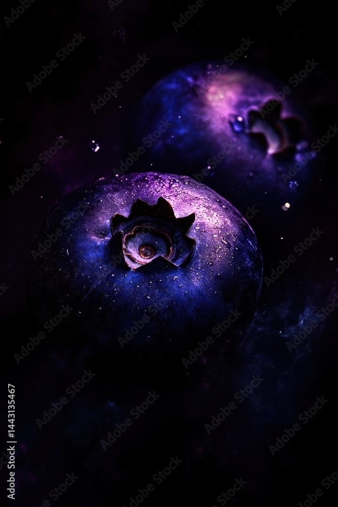 Poster two vibrant blueberries in a dark and moody setting with cosmic dust creating a captivating and arti
