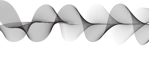 "Create a vector illustration of a black and gray abstract wave design with a mesh texture. The waves should overlap with transparent areas, forming a smooth, ribbon-like pattern on a plain white back