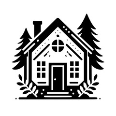 Cozy Cabin Silhouette Illustration with Trees, Minimalist Design