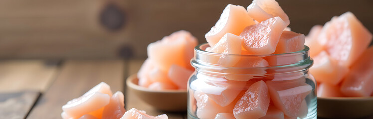 Pink Himalayan salt crystals are typically stored in decorative glass jars or containers for preservation and presentation purposes._00001_