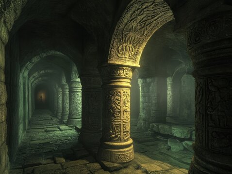 Ancient stone dungeon corridor with arches and pillars illuminated by faint light mysterious architecture evocative atmosphere and historical depth creating a sense of adventure