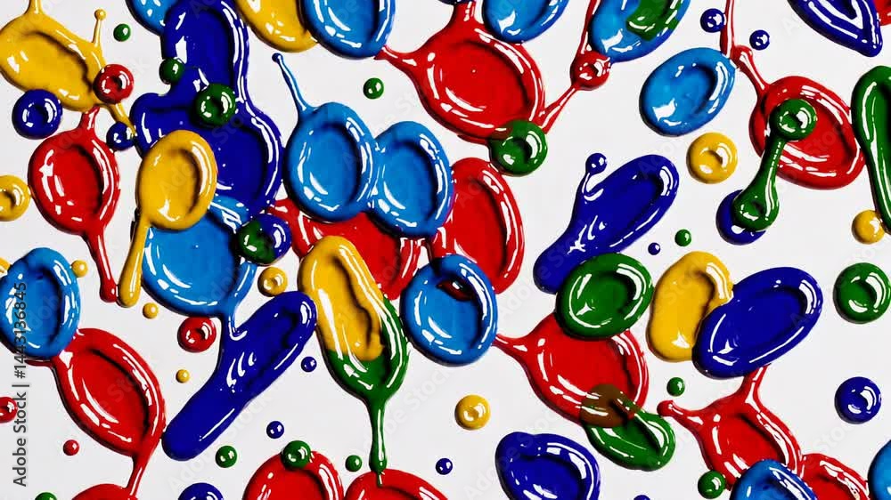 Poster playful abstract pattern of shiny colored blobs resembling ink in motion.
