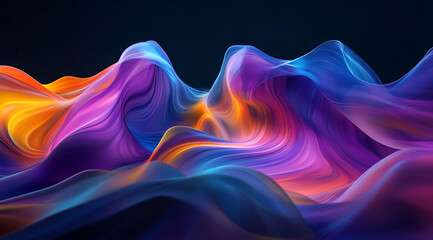 Obraz premium A dynamic, fluid wave of colors blending seamlessly from blue to purple to orange against a dark background, creating a visually striking and modern digital artwork.