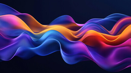 Obraz premium A dynamic, fluid wave of colors blending seamlessly from blue to purple to orange against a dark background, creating a visually striking and modern digital artwork.