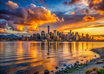 Fototapeta premium Stunning Seattle Sunset Skyline from Alki Beach, Washington State Panoramic View