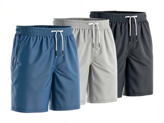 Swimming Trunks Mockup. Three pairs of swim trunks in blue, gray, and black arranged side by side.
