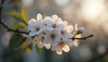 White Cherry Blossoms Blooming in the Sunlight with Bokeh Effect