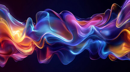Obraz premium A dynamic, fluid wave of colors blending seamlessly from blue to purple to orange against a dark background, creating a visually striking and modern digital artwork.