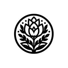 Minimalist Floral Logo Design: Lotus Bloom in a Circle, Black & White